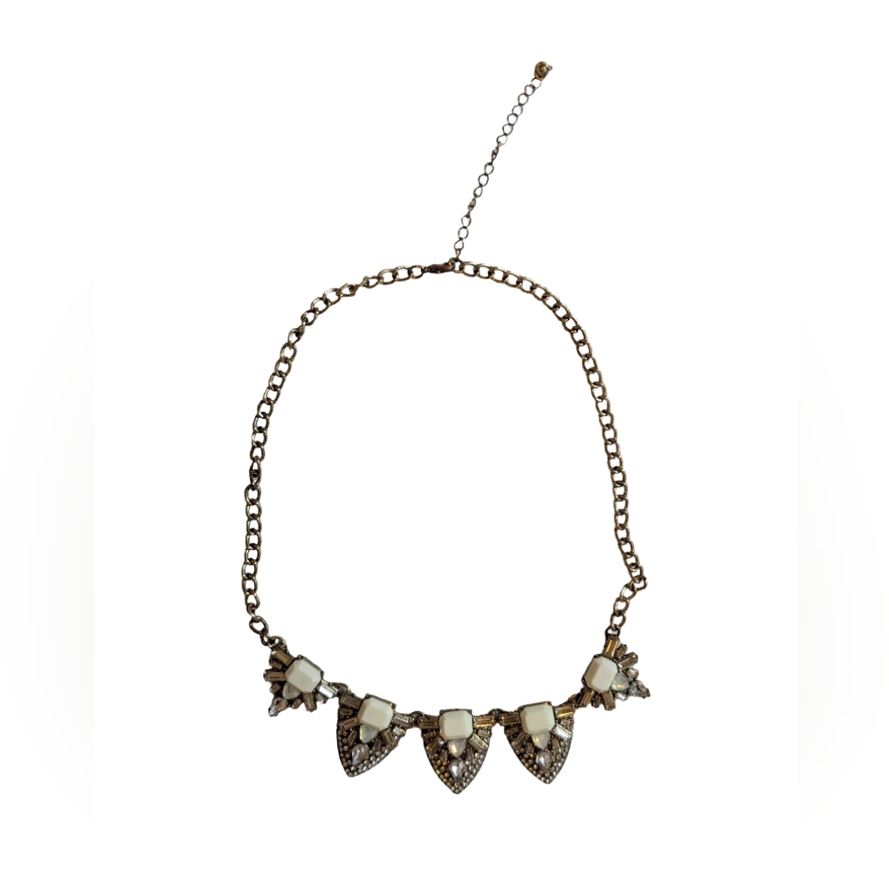 Vintage Chunky Jeweled Rhinestone Statement Choker Necklace Cream Antique Gold